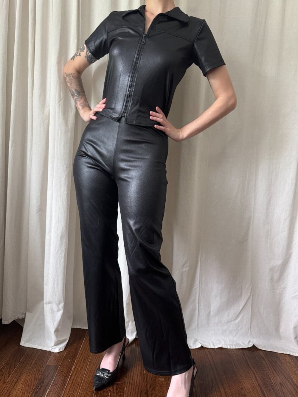 Vintage Black Faux Leather Two-Piece Top and Pants Set Women's Size Medium